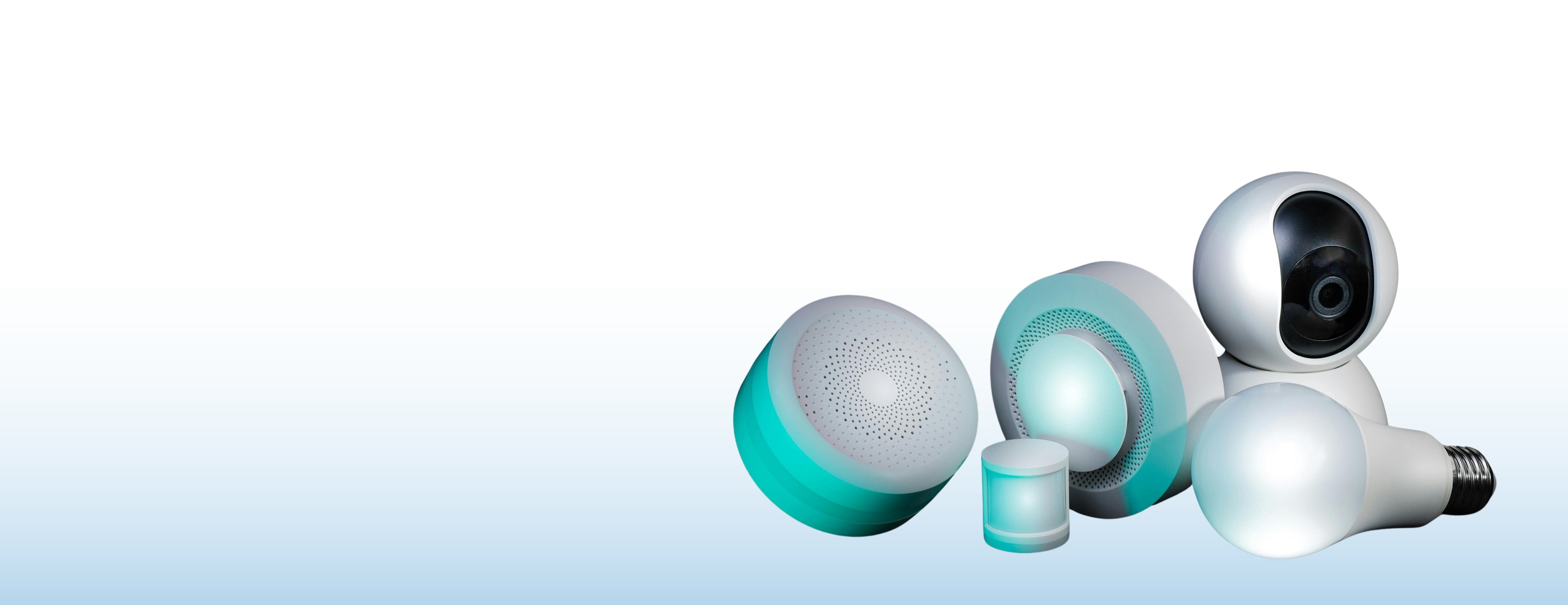 Set of smart home devices including a camera, lights, and a speaker on a light blue background