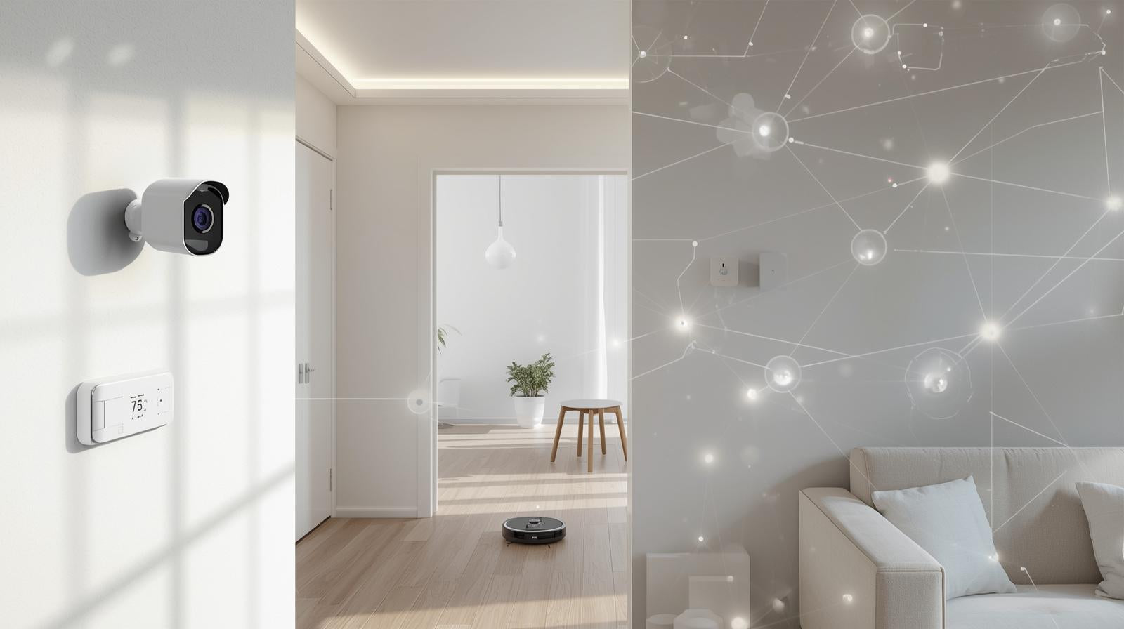 Smart home devices including a security camera, smart light switch, and robot vacuum cleaner in a modern living room.