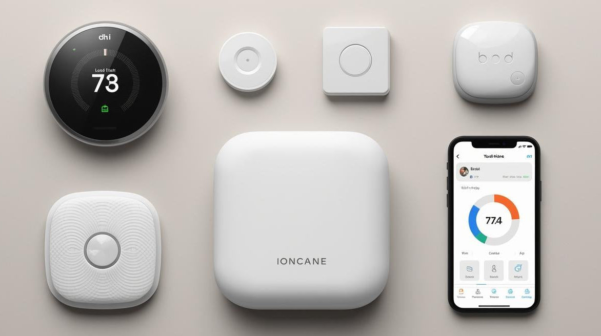 Collection of smart home devices including a thermostat, sensors, and a smartphone app on a neutral background.