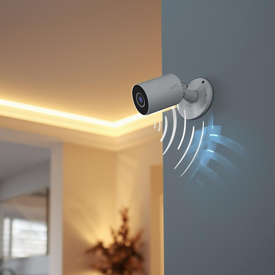 Smart home security camera mounted on a wall with indoor lighting and decor.