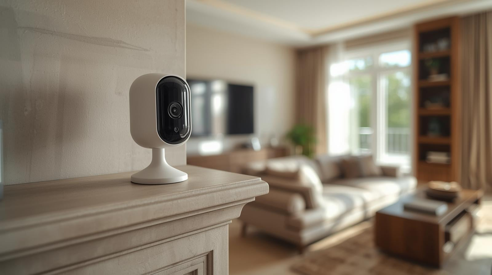 Smart home security camera on a mantle in a living room