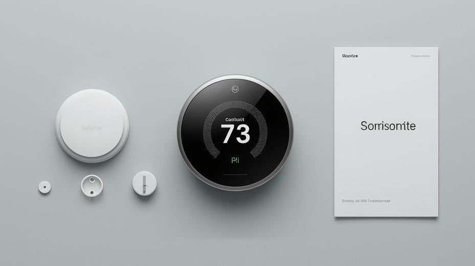 Smart home devices including a thermostat and speakers on a gray background with a 'Sorrisorite' branded paper.