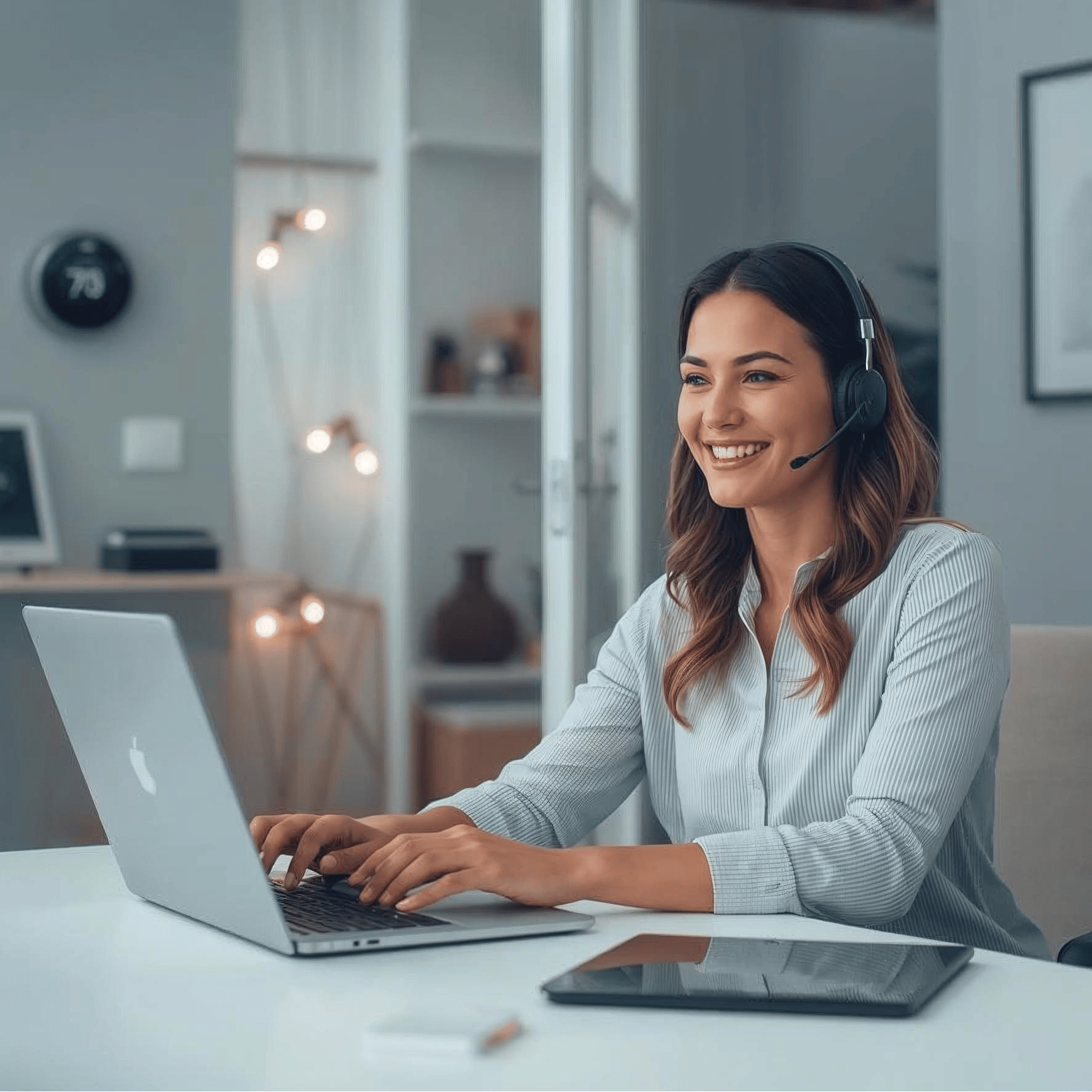 Woman wearing a headset and smiling while using a laptop in an office setting