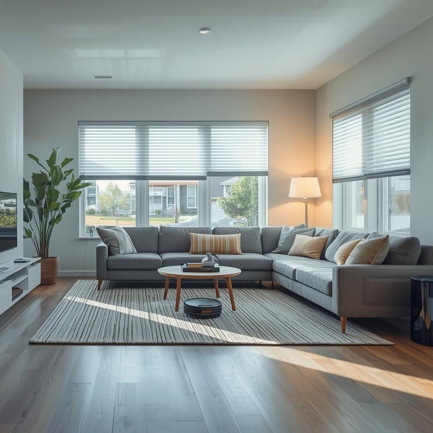 Modern living room with a sectional sofa, coffee table, and large windows.