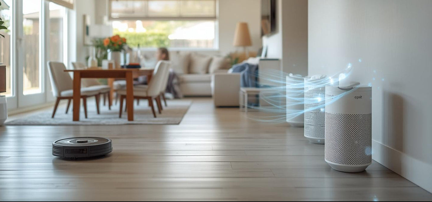 Smart home devices including an air purifier, robot vacuum, and smart lights in a modern living room.