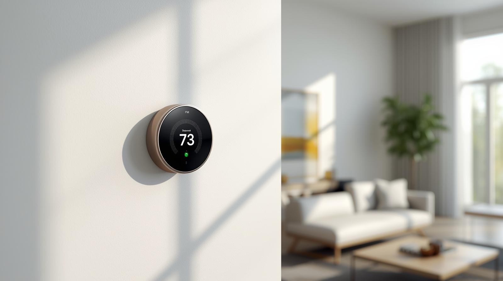 Smart thermostat on a wall with a blurred living room in the background