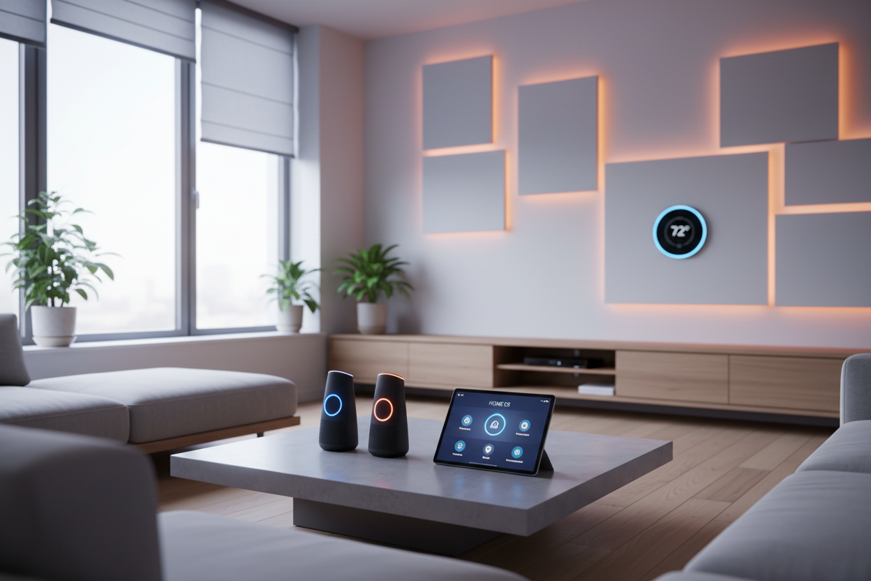 Photo of a modern home setup or behind-the-scenes concept design. smart home automation