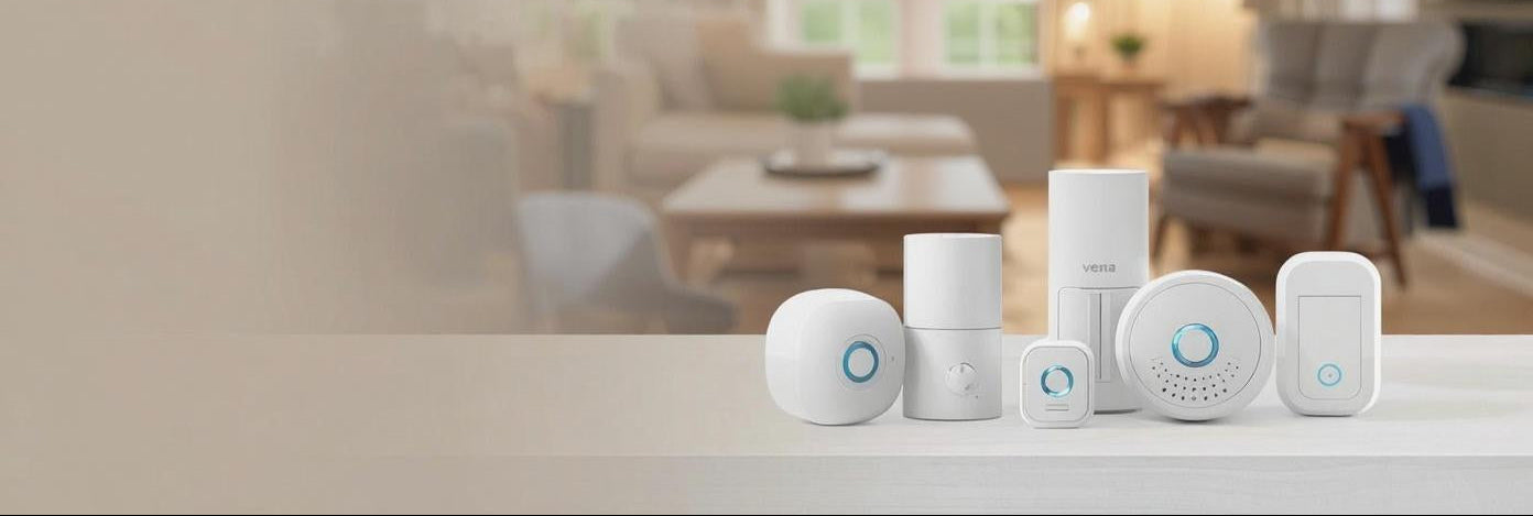 Smart home devices on a table with a blurred living room background